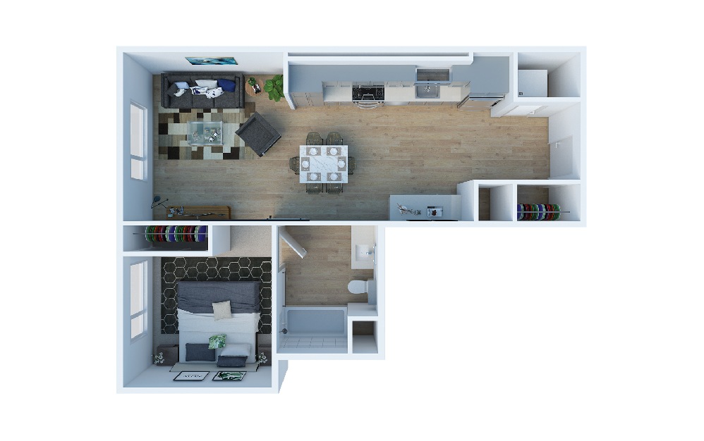 1 Bedroom A - 1 bedroom floorplan layout with 1 bath and 653 to 665 square feet. (Layout 2)