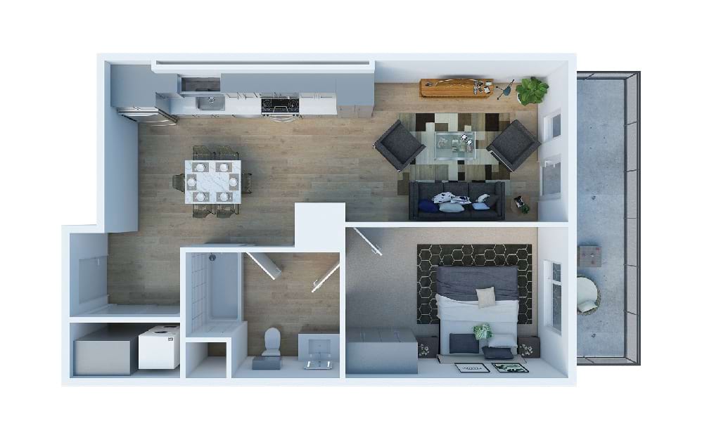 1 Bedroom H - 1 bedroom floorplan layout with 1 bath and 630 square feet. (Floor 2)