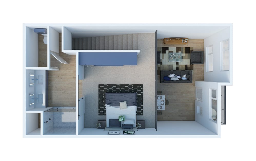 1 Bedroom Loft - 1 bedroom floorplan layout with 1.5 bath and 936 square feet. (Layout 2 Upper)