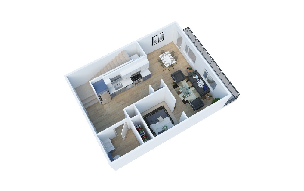 1 Bedroom B Townhouse - 1 bedroom floorplan layout with 2 baths and 1089 square feet. (Layout 1 Lower)