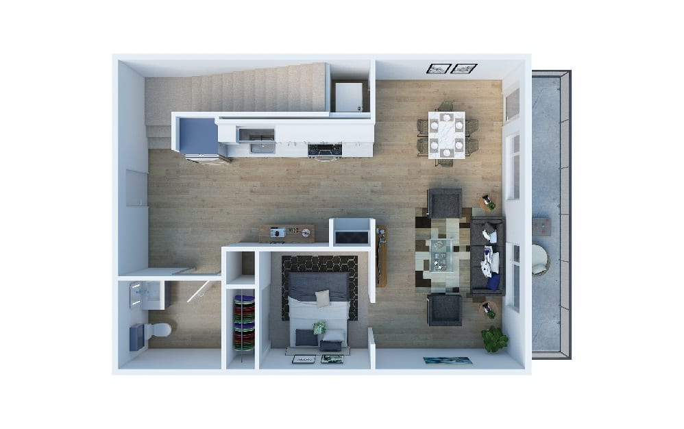 1 Bedroom B Townhouse - 1 bedroom floorplan layout with 2 baths and 1089 square feet. (Layout 2 Lower)