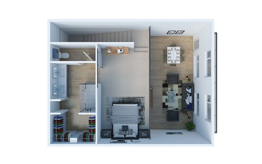 1 Bedroom B Townhouse - 1 bedroom floorplan layout with 2 baths and 1089 square feet. (Layout 2 Upper)