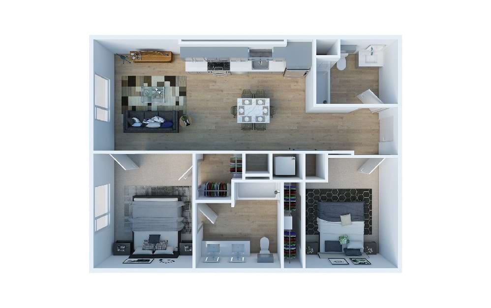 2 Bedroom A - 2 bedroom floorplan layout with 2 baths and 850 square feet. (Layout 2)