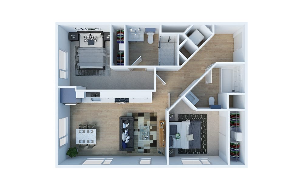 2 Bedroom C - 2 bedroom floorplan layout with 2 baths and 855 to 941 square feet. (Layout 2)