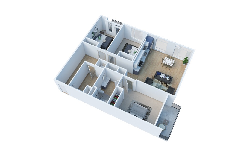 3 Bedroom A - 3 bedroom floorplan layout with 2 baths and 1326 square feet. (Layout 1)