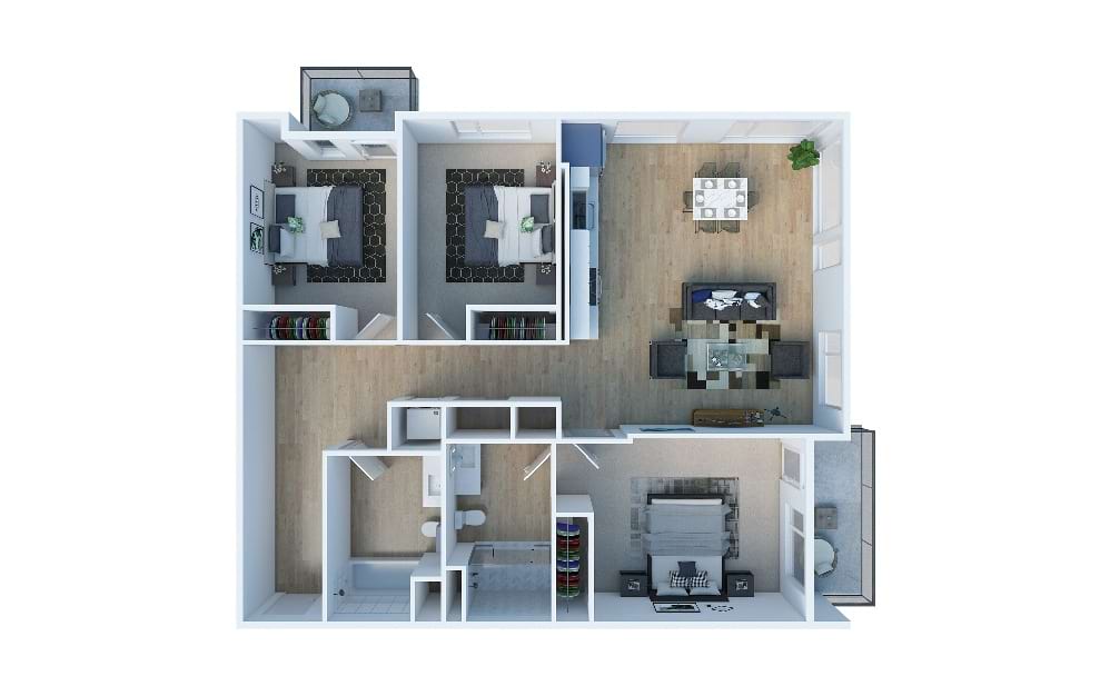3 Bedroom A - 3 bedroom floorplan layout with 2 baths and 1326 square feet. (Layout 2)